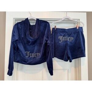 Juicy Couture Velour 2-Piece Set Hoodie + Shorts  Atlantis Deep Blue SZ XL $189
